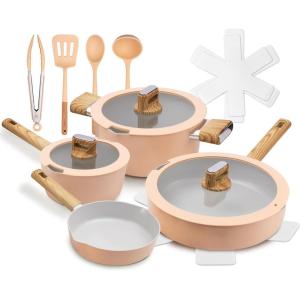 imageNutriChef 14Piece NonStick Ceramic Cookware Set  Induction Safe Pots and Pans with Glass Lids CoolTouch Handles Even Heat Distribution Dishwasher Safe Includes Ladle Tong Spatula BlackPink