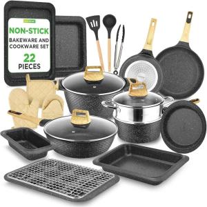 imageNutriChef 22Piece NonStick Ceramic Pots and Pans Set  For All Cooktops Including Induction  PTFE ampamp PFAS Free Includes Bakeware ampamp UtensilsBlack