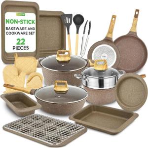 imageNutriChef 22Piece NonStick Ceramic Pots and Pans Set  For All Cooktops Including Induction  PTFE ampamp PFAS Free Includes Bakeware ampamp UtensilsMaroon Marble