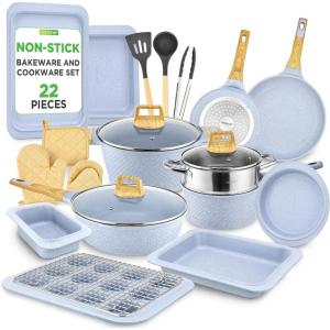 imageNutriChef 22Piece NonStick Ceramic Pots and Pans Set  For All Cooktops Including Induction  PTFE ampamp PFAS Free Includes Bakeware ampamp UtensilsMoon Grey Marble