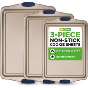 imageNutriChef 3 Piece Nonstick Cookie Sheets for Baking  Premium Carbon Steel Baking Pans with Black Silicone Handles  Even Heat Distribution PFOAPFOSPTFE Free Easy to Clean  Cream Marble NCBKT3CMChampagne Gold