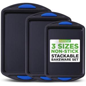 imageNutriChef 3 Piece Nonstick Cookie Sheets for Baking  Premium Carbon Steel Baking Pans with Black Silicone Handles  Even Heat Distribution PFOAPFOSPTFE Free Easy to Clean  Cream Marble NCBKT3CMGray