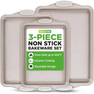 imageNutriChef 3 Piece Nonstick Cookie Sheets for Baking  Premium Carbon Steel Baking Pans with Black Silicone Handles  Even Heat Distribution PFOAPFOSPTFE Free Easy to Clean  Cream Marble NCBKT3CMCream Marble