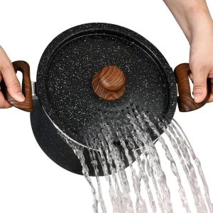 imageNutriChef 5qt Pasta Pot with Strainer Lid ampamp Pasta Fork  NonStick Cooking Pot  Lockable Lid Heat Resistant Handles  Even Heat Distribution  Easy Clean  Black Marble