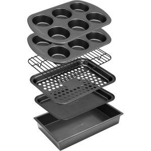 imageNutriChef 6Piece Toaster Oven Bakeware Set Compact NonStick Stackable Baking Pan Set with Muffin Pans Roasting Tray ampamp Baking Sheets Durable StainResistant Carbon Steel Design for Toaster Ovens