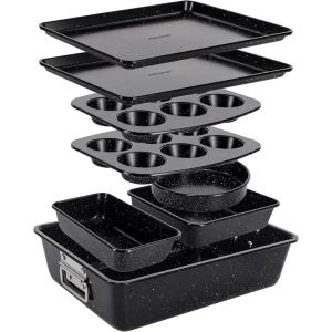 imageNutriChef 8Piece Stackable Bakeware Set  Carbon Steel NonStick Baking Pan Set Sheet Muffin Round Loaf Square Cake ampamp Deep Pans 450F Heat Resistant Standard ampamp Convection Ovens Marble CreamBlack Marble