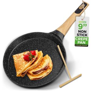 imageNutriChef 945 NonStick Crepe Pan with Wooden Spreader Durable Marble Coated Dosa Pan Bakelite Handle and Induction Bottom PFOAPFOS Free Dishwasher Safe Even Heat Distribution Black MarbleBlack