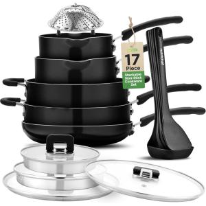 imageNutriChef Space Saver 17Piece Nonstick Cookware Set  Brown Pots and Pans with Stackable Design Foldable Handles Induction ReadyBlack