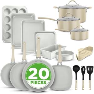 imageNutrichef 20 Piece Professional Home Kitchen Cookware and Bakeware Pots and Pans Set Non Stick Kitchenware CoolTouch Handles Non Toxic Safe for Gas Electric Induction Cooktops Easy CleanWhite