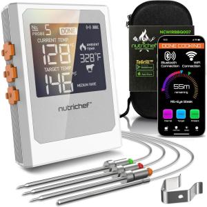 imageNutrichef Wireless Meat Thermometer with 2 Stainless Steel Probes Bluetooth and WiFi Smartphone App for Monitoring Food Temp and Remote Alerts Digital Display for Grilling and BBQ Smoking
