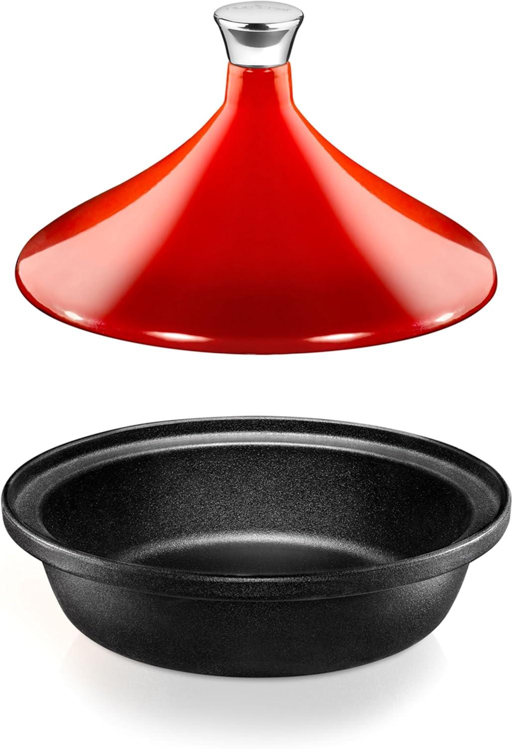 imageNutriChef Moroccan Tagine Pot for Cooking  Premium Cast Iron Cooking Pot with Stainless Steel Knob and Red ConeShaped Porcelain Enameled Lid  116quot Width 275 QtRed