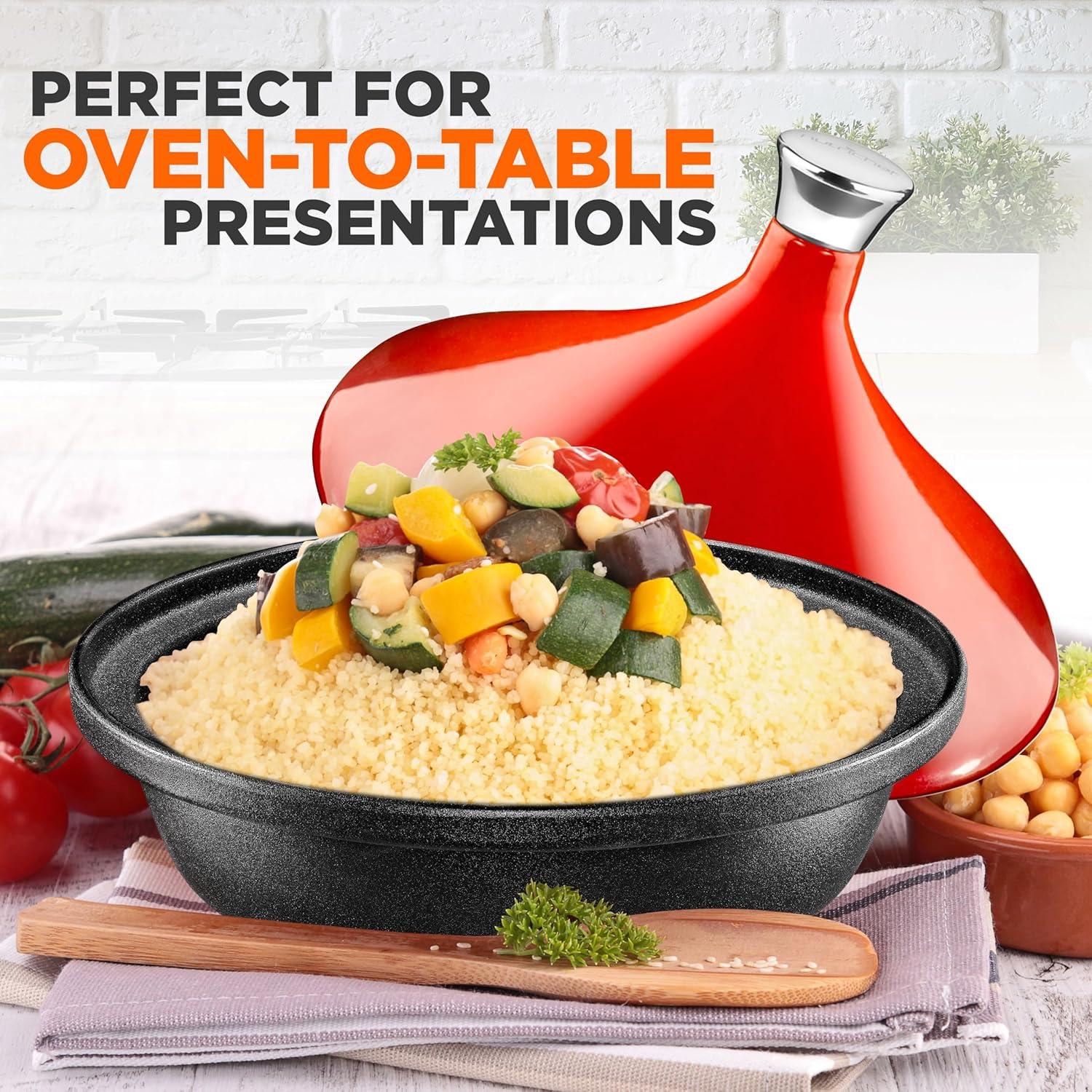 imageNutriChef Moroccan Tagine Pot for Cooking  Premium Cast Iron Cooking Pot with Stainless Steel Knob and Red ConeShaped Porcelain Enameled Lid  116quot Width 275 QtRed