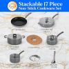imageNutriChef Kitchenware Cookware NonStick Pans and Pots with foldable Knob Space Saving Stackable Nylon Tools Induction Base Brown 17Pc SetGray