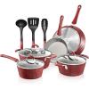 imageNutriChef 11Piece Nonstick Kitchen Cookware Set  PTFEPFOAPFOSFree Heat Resistant Ceramic Kitchen Ware Pots Pan Set wLines Pattern  Saucepot Pans Cooking Pot Oven Pot Lid UtensilRed