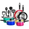 imageNutriChef 15Piece Non Stick Kitchen Cookware Set PFOAPFOSFree Colorful Heat Resistant Lacquer wSaucepot Frying Pans Oven Pot Lids 5 Utensil  NCCWCOR15NCCWCOR153  15 pcs assorted