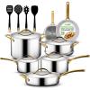 imageNutriChef 16Piece Premium Stainless Steel Cookware Set  TriPly Construction Induction Compatible Stylish Design with Golden Handles Includes Pots Ceramic Coated Fry Pans and UtensilsRoyal gold