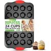 imageNutriChef 24Cup Nonstick Mini Muffin Pan  Heavy Duty Carbon Steel Bakeware Tray with Red Silicone Handles  Bake Mini Cupcakes Muffins ampamp Savory Treats  16quot x 10quot Black