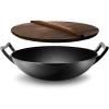 imageNutriChef Cast Iron Wok with Wooden Lid  PreSeasoned Chinese Wok for StirFry Compatible with Multiple Cooktops Including Induction Large 58 Qt Capacity 12quot Diameter