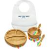imageNutrichef Baby and Toddler 3 compartment plate bowl and spoon feeding set silicon suction Nontoxic all natural Bamboo baby food plate with silicon bibRainbow Set 1