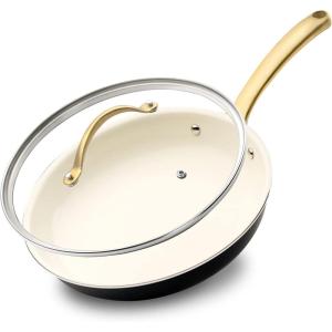imageNutriChef 10Inch Professional Ceramic Frying Pan With Lid  Medium Skillet with Golden Titanium Handle NonStick Ceramic Coating StainResistant Easy to Clean Ideal for Home Cooking10 Frying Pan