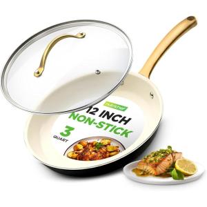 imageNutriChef 10Inch Professional Ceramic Frying Pan With Lid  Medium Skillet with Golden Titanium Handle NonStick Ceramic Coating StainResistant Easy to Clean Ideal for Home Cooking12 Frying Pan