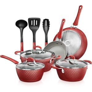 imageNutriChef 11 Pc Pots and Pans Set Non Stick Cookware with Ceramic Coating Ergonomic Handles Induction Ready Includes Saucepan Dutch Oven Large ampamp Small Fry Pans Royal BlueRed