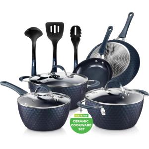 imageNutriChef 11 Pc Pots and Pans Set Non Stick Cookware with Ceramic Coating Ergonomic Handles Induction Ready Includes Saucepan Dutch Oven Large ampamp Small Fry Pans Royal BlueBlue Diamond