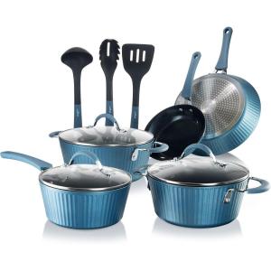 imageNutriChef 11Piece Kitchen Cookware Set NonStick Pots and Pans EasytoClean Kitchen Utensils Set with Ceramic Coating for Home Cooking Induction Safe Diamond PatternBlue