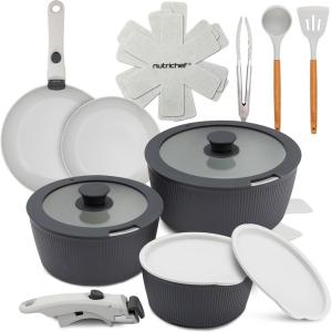 imageNutriChef 11Piece Nonstick Kitchen Cookware Set  PTFEPFOAPFOSFree Heat Resistant Ceramic Kitchen Ware Pots Pan Set wLines Pattern  Saucepot Pans Cooking Pot Oven Pot Lid UtensilGray