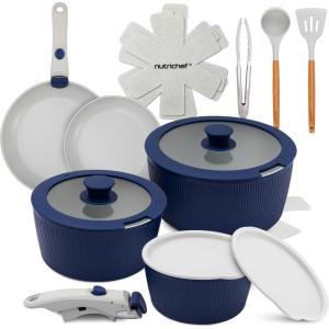 imageNutriChef 11Piece Nonstick Kitchen Cookware Set  PTFEPFOAPFOSFree Heat Resistant Ceramic Kitchen Ware Pots Pan Set wLines Pattern  Saucepot Pans Cooking Pot Oven Pot Lid UtensilBlue