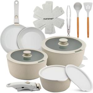 imageNutriChef 11Piece Nonstick Kitchen Cookware Set  PTFEPFOAPFOSFree Heat Resistant Ceramic Kitchen Ware Pots Pan Set wLines Pattern  Saucepot Pans Cooking Pot Oven Pot Lid UtensilGreen