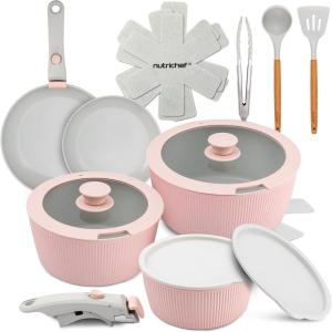 imageNutriChef 11Piece Nonstick Kitchen Cookware Set  PTFEPFOAPFOSFree Heat Resistant Ceramic Kitchen Ware Pots Pan Set wLines Pattern  Saucepot Pans Cooking Pot Oven Pot Lid UtensilPink