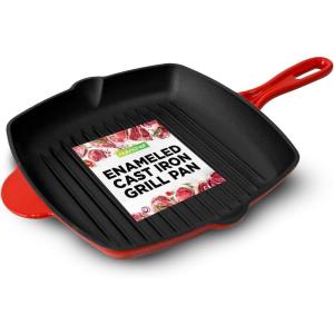 imageNutriChef 11quot Enameled Cast Iron Steak Grill Pan  Square Skillet with Drip Spout For All Cooktops Perfect Grill Marks  NCCIES47