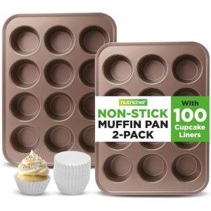 imageNutriChef 12 Cup Nonstick Muffin Pans for Cupcakes 2Piece Cupcake Mould NonToxic Carbon Steel Stackable Cup Cake Tray Dishwasher Safe Easy Release Easy clean  GoldGold