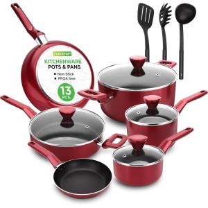 imageNutriChef 13 Pcs Nonstick Kitchen Cookware PFOAPFOSFree Heat Resistant Kitchenware Set wSaucepan Frying Pans Cooking Pots Casserole Lids ampamp Utensils Brown NCCWA13BRRed