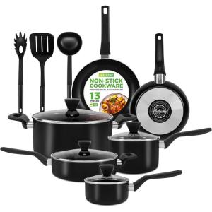 imageNutriChef 13 Pcs Nonstick Kitchen Cookware PFOAPFOSFree Heat Resistant Kitchenware Set wSaucepan Frying Pans Cooking Pots Casserole Lids ampamp Utensils Brown NCCWA13BRBlack