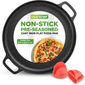 imageNutriChef 13Inch Flat Cast Iron Pizza Pan  Versatile PreSeasoned Round Cooking Griddle w BuiltIn Handles for Oven Grill Stove and Campfires
