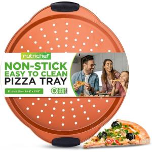imageNutriChef 13Inch NonStick Pizza Tray  with Silicone Handle Round Steel Nonstick Pan with Perforated Holes Premium Bakeware Pizza Tray with Extended Handles Dishwasher Safe  Champagne GoldCopper