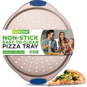 imageNutriChef 13Inch NonStick Pizza Tray  with Silicone Handle Round Steel Nonstick Pan with Perforated Holes Premium Bakeware Pizza Tray with Extended Handles Dishwasher Safe  Champagne GoldChampagne Gold