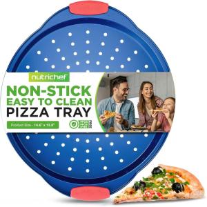 imageNutriChef 13Inch NonStick Pizza Tray  with Silicone Handle Round Steel Nonstick Pan with Perforated Holes Premium Bakeware Pizza Tray with Extended Handles Dishwasher Safe  Champagne GoldBlue