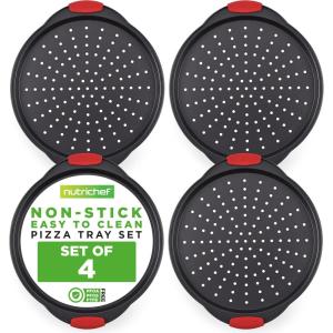 imageNutriChef 13Inch Nonstick Pizza Tray  Round Carbon Steel NonStick Pizza Pan with Perforated Holes Premium Bakeware Pizza Screen with Silicone Grip Handles Dishwasher Safe  NCBPIZ14 Pack