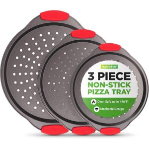 imageNutriChef 13Inch Nonstick Pizza Tray  Round Carbon Steel NonStick Pizza Pan with Perforated Holes Premium Bakeware Pizza Screen with Silicone Grip Handles Dishwasher Safe  NCBPIZ13 Pack