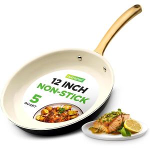 imageNutriChef 14Inch Professional Ceramic Frying Pan  ExtraLarge Skillet with Golden Titanium Handle NonStick Ceramic Coating StainResistant Easy to Clean Ideal for Home Cooking12 Frying Pan