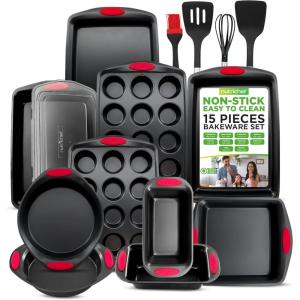 imageNutriChef 15Piece Baking Pan Set  Flexible Nonstick Coating Carbon Steel Bakeware  Professional Home Kitchen Bakeware with Stackable Cookie Sheet Trays and Red Silicone Handles BlackBlack