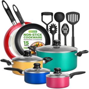 imageNutriChef 15Piece Non Stick Kitchen Cookware Set PFOAPFOSFree Colorful Heat Resistant Lacquer wSaucepot Frying Pans Oven Pot Lids 5 Utensil  NCCWCOR15NCCWCOR15  assorted