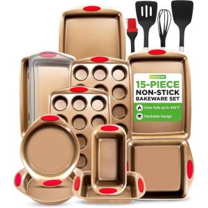 imageNutriChef 15Piece Nonstick Bakeware Set w Baking Utensils  Premium Oven Safe Baking Pans with Silicone Handles Easy Clean Dishwasher Safe Tray Set for Cakes Muffins Bread Cookies ampamp RoastingGold