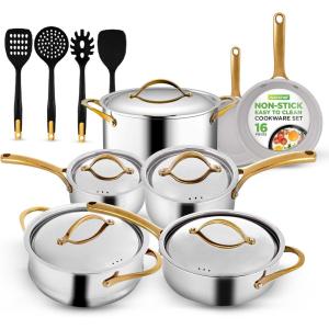 imageNutriChef 16Piece Premium Stainless Steel Cookware Set  TriPly Construction Induction Compatible Stylish Design with Golden Handles Includes Pots Ceramic Coated Fry Pans and UtensilsStainless Steel  Gold