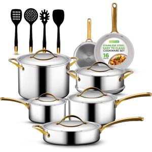 imageNutriChef 16Piece Premium Stainless Steel Cookware Set  TriPly Construction Induction Compatible Stylish Design with Golden Handles Includes Pots Ceramic Coated Fry Pans and UtensilsRoyal gold