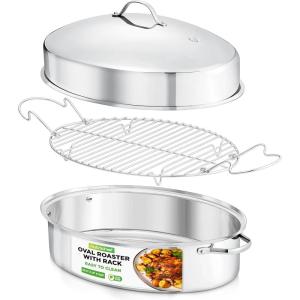 imageNutriChef 20quot Oval Roasting Pan with Rack and Lid  Premium Stainless Steel Roaster Dish w Wide Handles ampamp Removable Rack MultiUse Cookware for Turkey Chicken Stews ampamp More  Dishwasher Safe