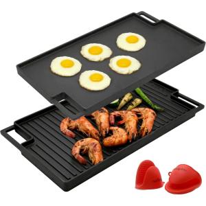 imageNutriChef 20quotx10quot Reversible Cast Iron Griddle Pan  Flat ampamp Grill Sides PreSeasoned Oven Safe ExtraWide PFOA ampamp PFOS Free for Gas Electric or Outdoor CookingBlack